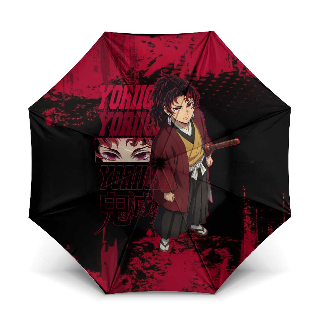 Yoriichi Tsugikuni Demon Slayer Red Grunge Design Umbrella with Intense Eyes and Sword Stance - The Mazicc