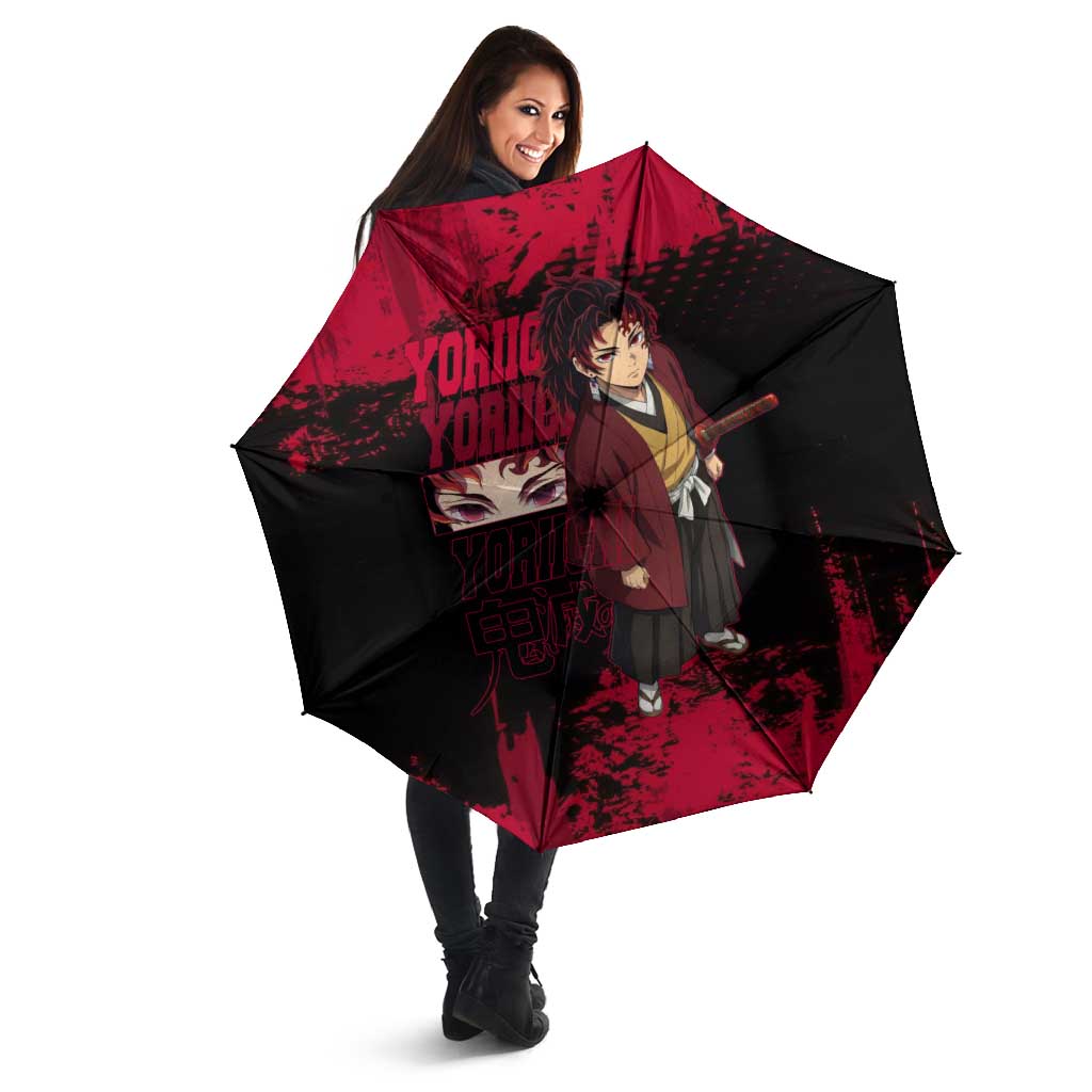 Yoriichi Tsugikuni Demon Slayer Red Grunge Design Umbrella with Intense Eyes and Sword Stance - The Mazicc
