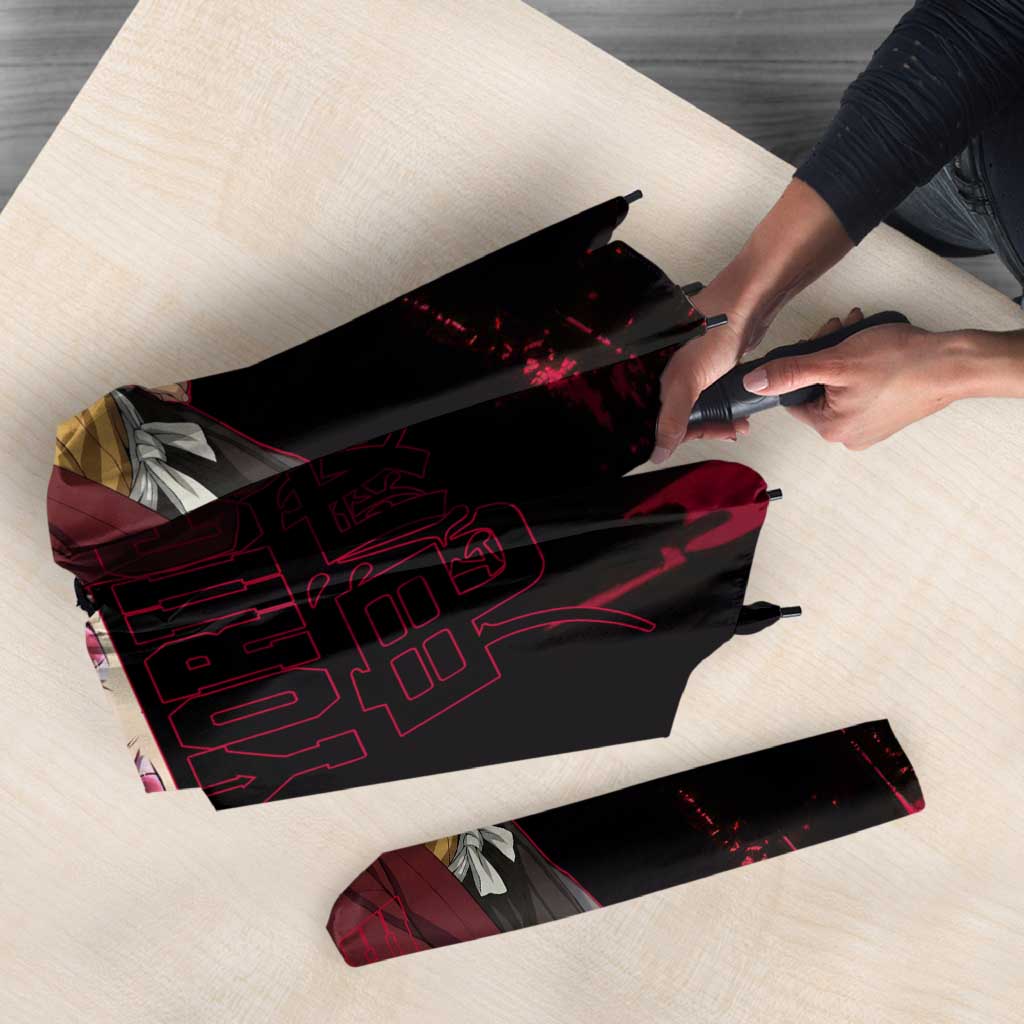 Yoriichi Tsugikuni Demon Slayer Red Grunge Design Umbrella with Intense Eyes and Sword Stance - The Mazicc