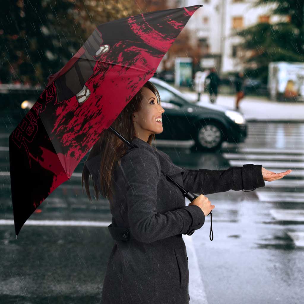 Yoriichi Tsugikuni Demon Slayer Red Grunge Design Umbrella with Intense Eyes and Sword Stance - The Mazicc