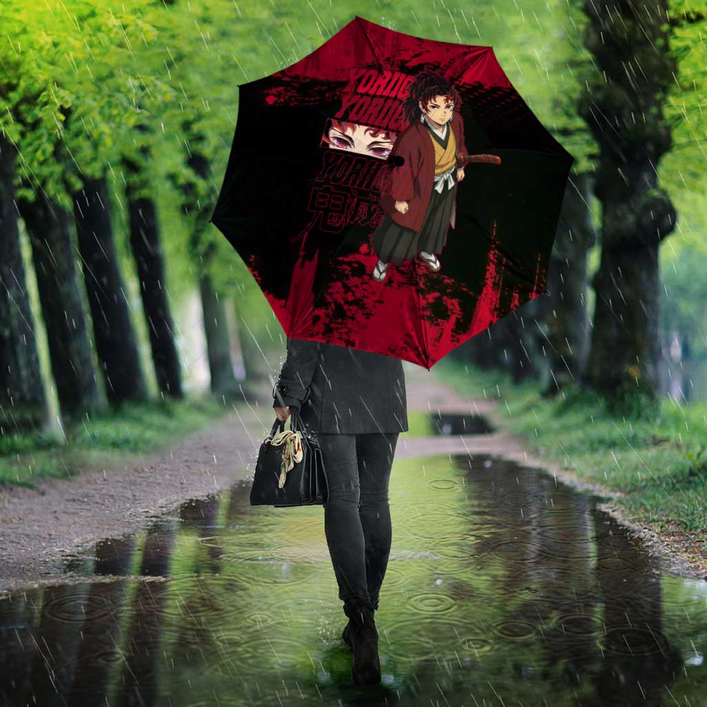 Yoriichi Tsugikuni Demon Slayer Red Grunge Design Umbrella with Intense Eyes and Sword Stance - The Mazicc