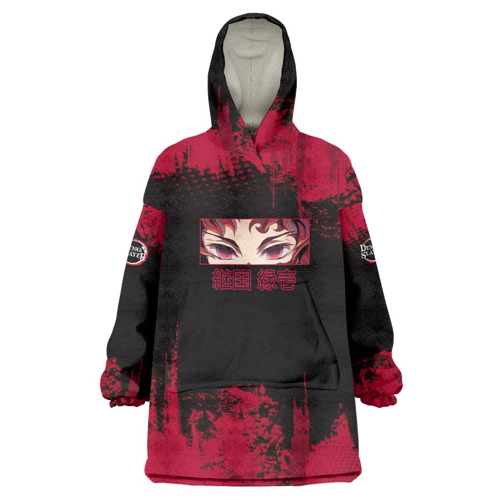 Yoriichi Tsugikuni Demon Slayer Red Grunge Design Wearable Blanket Hoodie with Intense Eyes and Sword Stance - The Mazicc