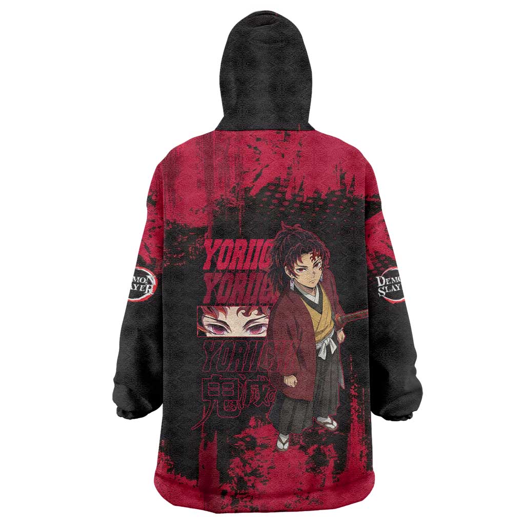 Yoriichi Tsugikuni Demon Slayer Red Grunge Design Wearable Blanket Hoodie with Intense Eyes and Sword Stance - The Mazicc