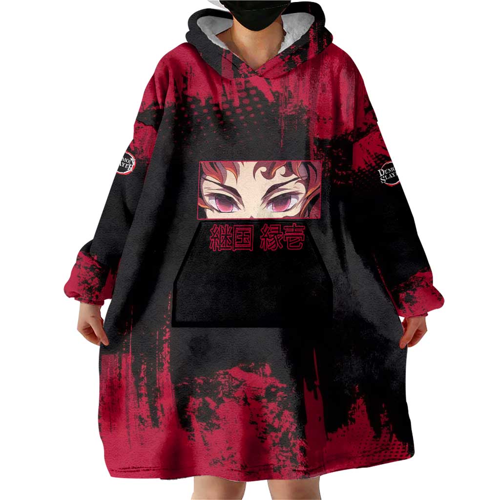 Yoriichi Tsugikuni Demon Slayer Red Grunge Design Wearable Blanket Hoodie with Intense Eyes and Sword Stance - The Mazicc
