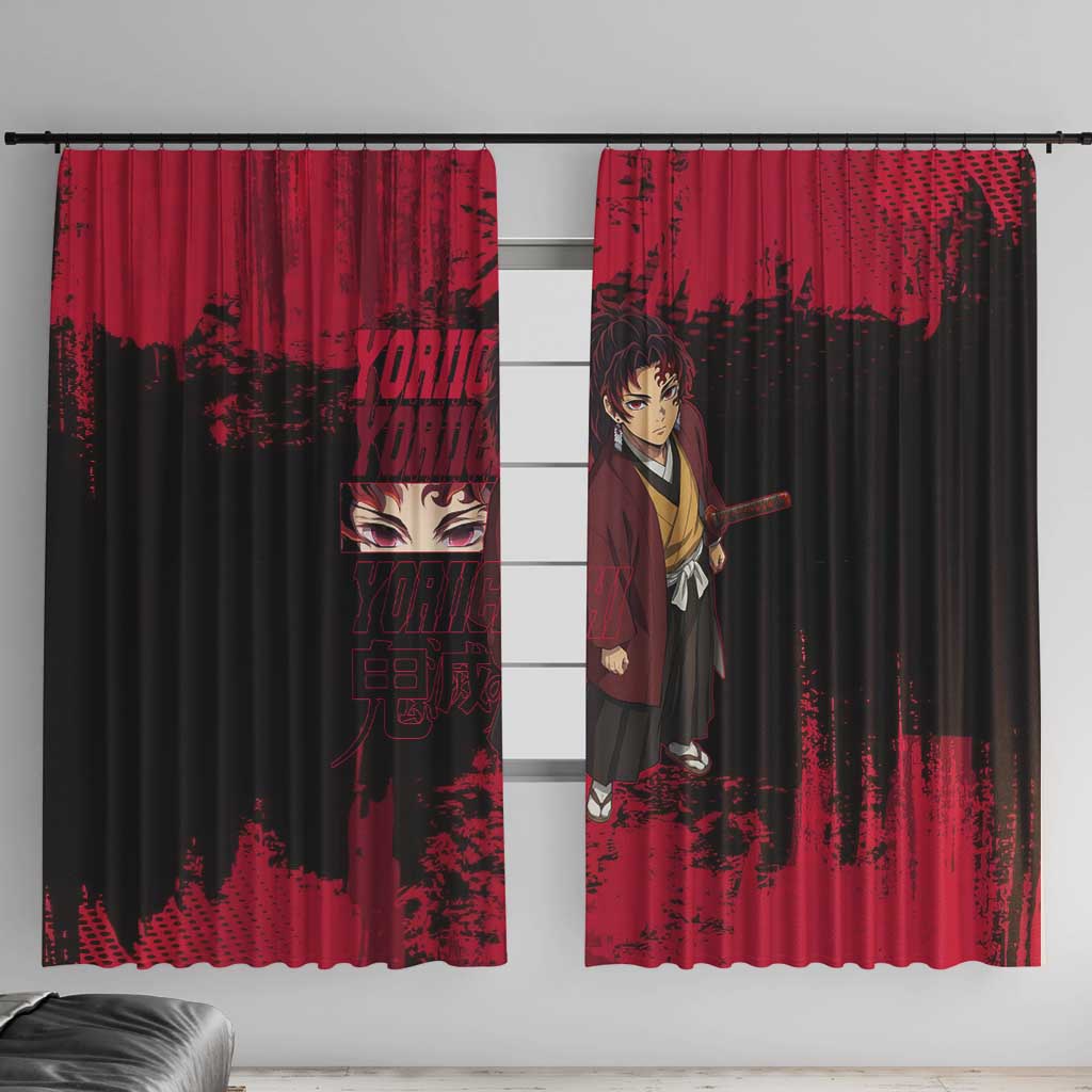 Yoriichi Tsugikuni Demon Slayer Red Grunge Design Window Curtain with Intense Eyes and Sword Stance - The Mazicc