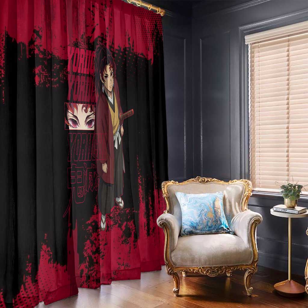 Yoriichi Tsugikuni Demon Slayer Red Grunge Design Window Curtain with Intense Eyes and Sword Stance - The Mazicc