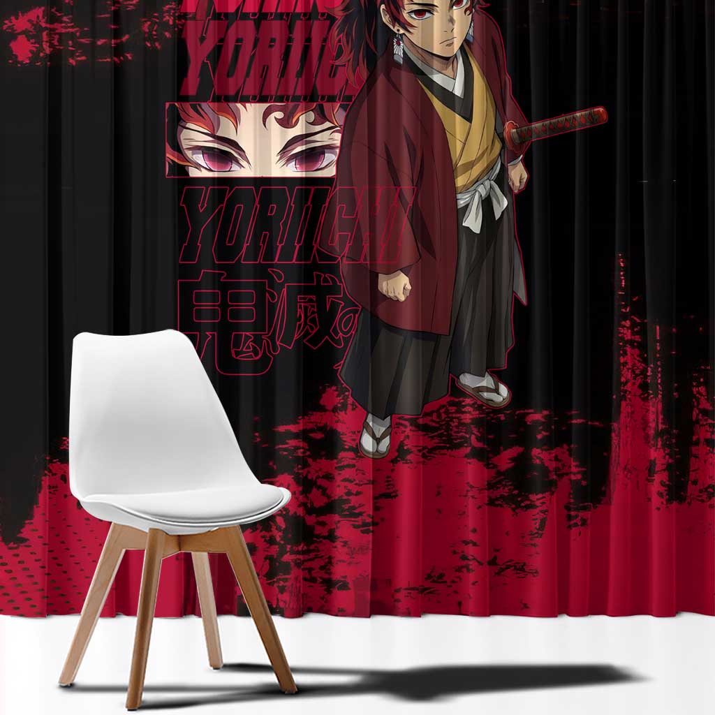 Yoriichi Tsugikuni Demon Slayer Red Grunge Design Window Curtain with Intense Eyes and Sword Stance - The Mazicc