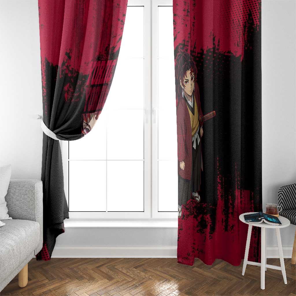 Yoriichi Tsugikuni Demon Slayer Red Grunge Design Window Curtain with Intense Eyes and Sword Stance - The Mazicc