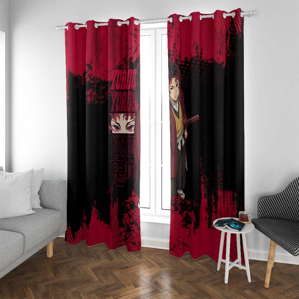 Yoriichi Tsugikuni Demon Slayer Red Grunge Design Window Curtain with Intense Eyes and Sword Stance - The Mazicc