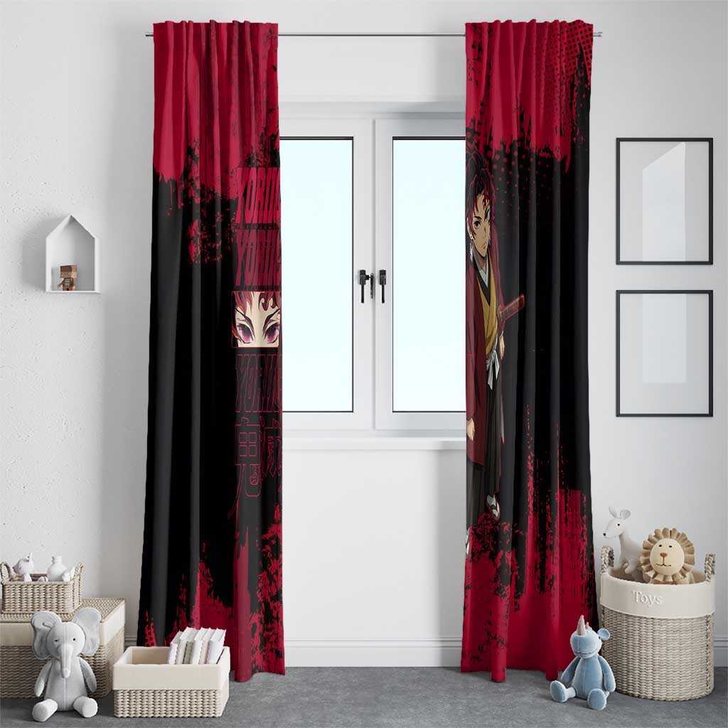 Yoriichi Tsugikuni Demon Slayer Red Grunge Design Window Curtain with Intense Eyes and Sword Stance - The Mazicc