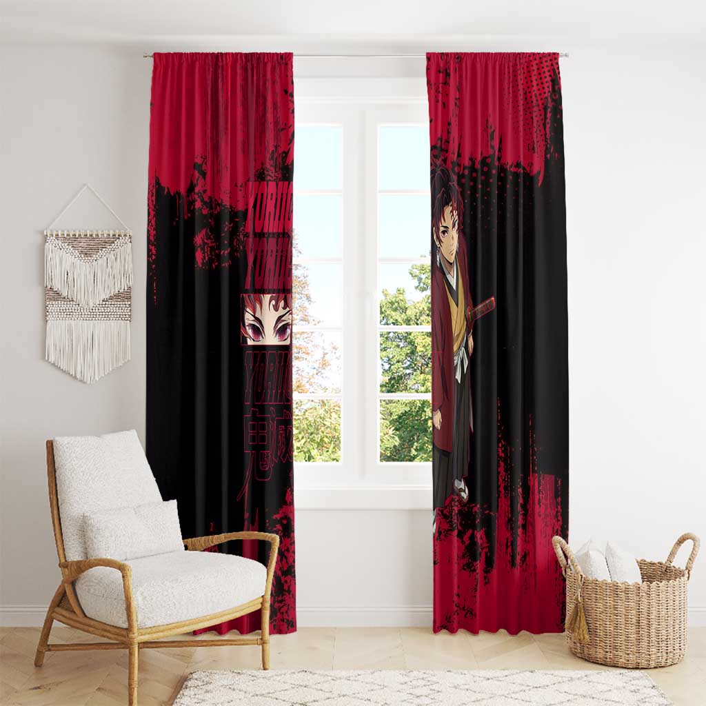 Yoriichi Tsugikuni Demon Slayer Red Grunge Design Window Curtain with Intense Eyes and Sword Stance - The Mazicc