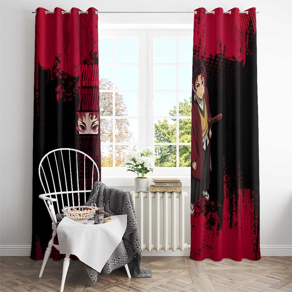 Yoriichi Tsugikuni Demon Slayer Red Grunge Design Window Curtain with Intense Eyes and Sword Stance - The Mazicc
