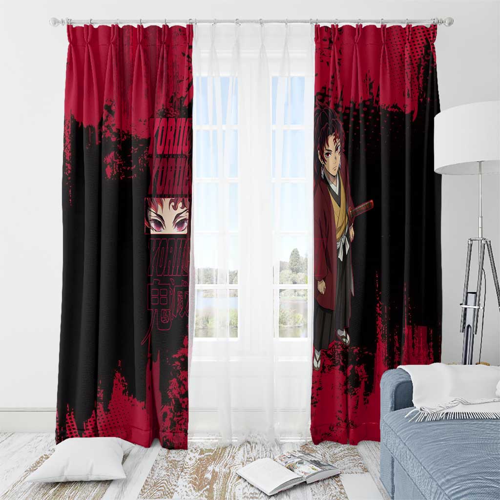 Yoriichi Tsugikuni Demon Slayer Red Grunge Design Window Curtain with Intense Eyes and Sword Stance - The Mazicc