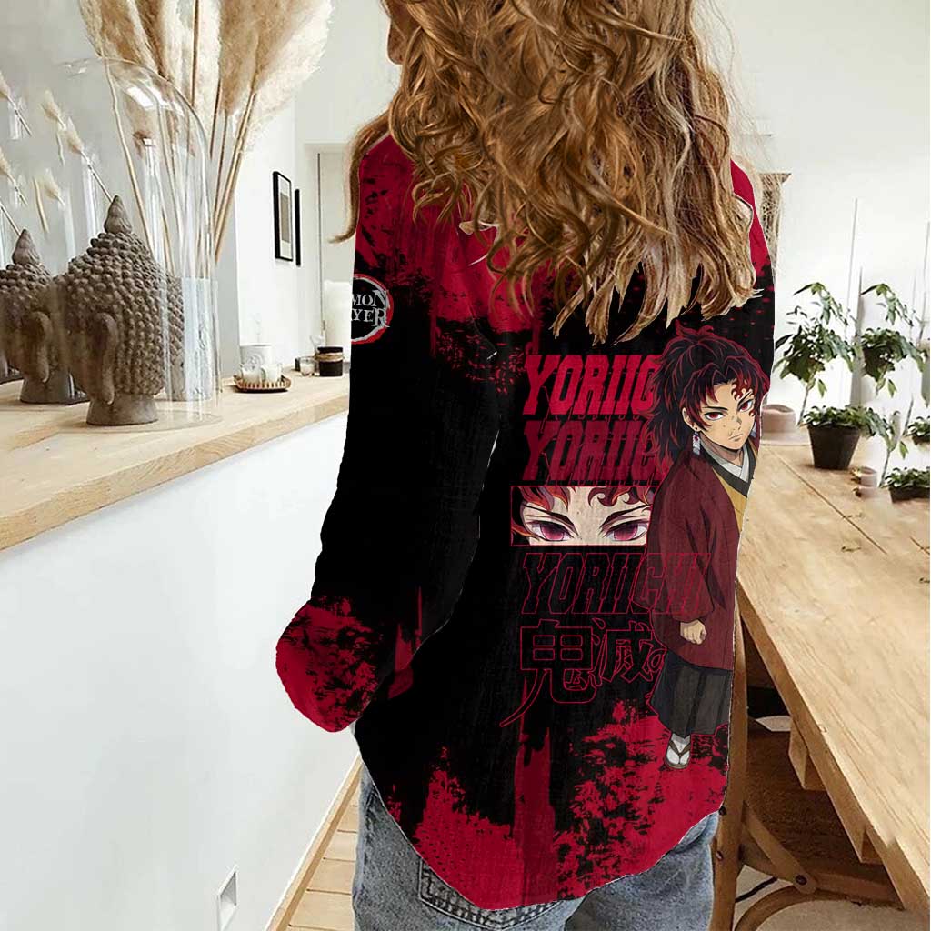 Yoriichi Tsugikuni Demon Slayer Red Grunge Design Women Casual Shirt with Intense Eyes and Sword Stance - The Mazicc