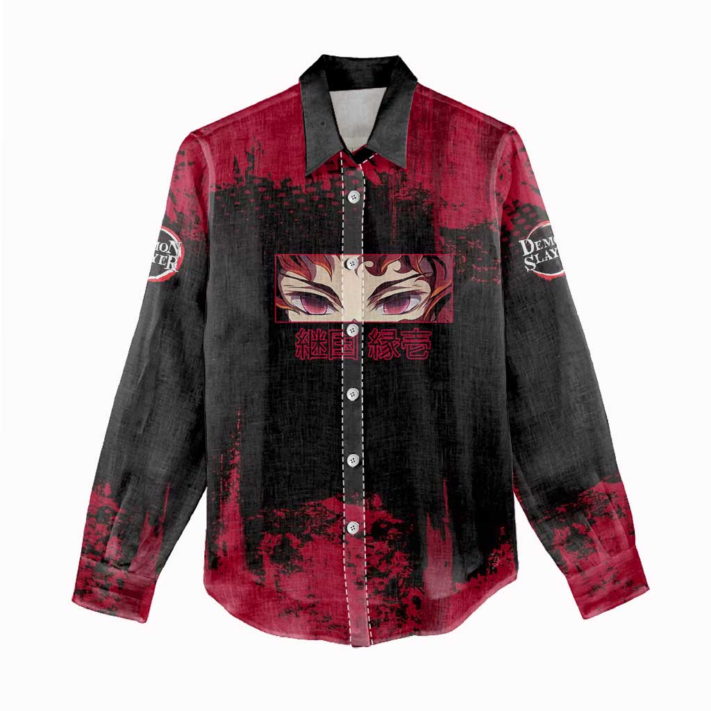 Yoriichi Tsugikuni Demon Slayer Red Grunge Design Women Casual Shirt with Intense Eyes and Sword Stance - The Mazicc