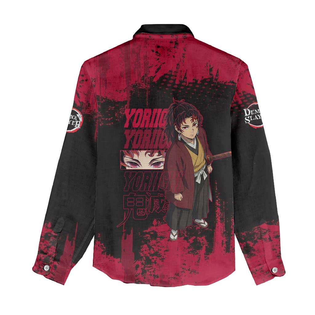 Yoriichi Tsugikuni Demon Slayer Red Grunge Design Women Casual Shirt with Intense Eyes and Sword Stance - The Mazicc