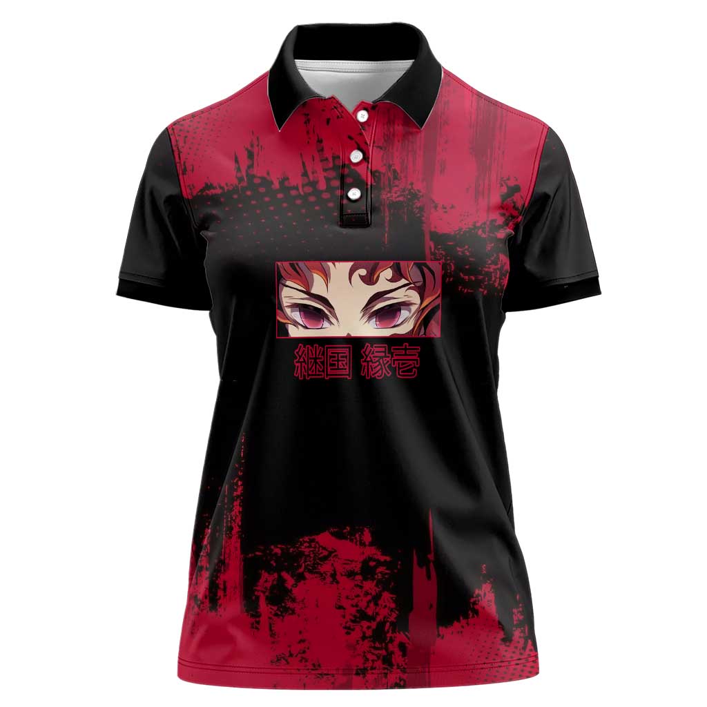 Yoriichi Tsugikuni Demon Slayer Red Grunge Design Women Polo Shirt with Intense Eyes and Sword Stance - The Mazicc