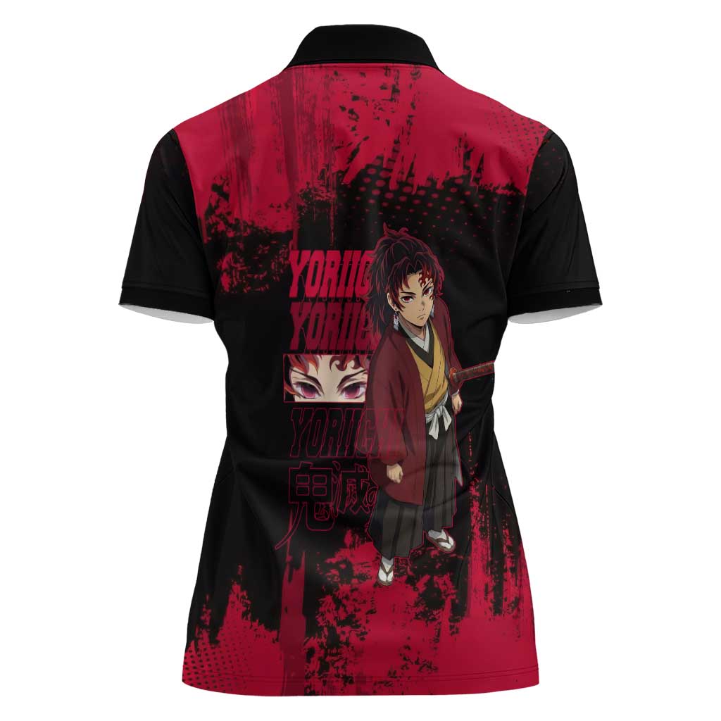 Yoriichi Tsugikuni Demon Slayer Red Grunge Design Women Polo Shirt with Intense Eyes and Sword Stance - The Mazicc