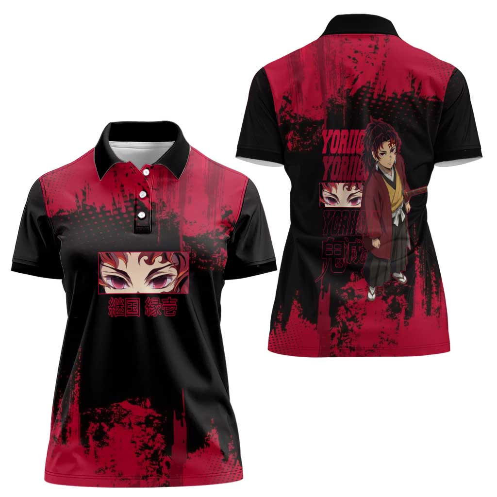 Yoriichi Tsugikuni Demon Slayer Red Grunge Design Women Polo Shirt with Intense Eyes and Sword Stance - The Mazicc
