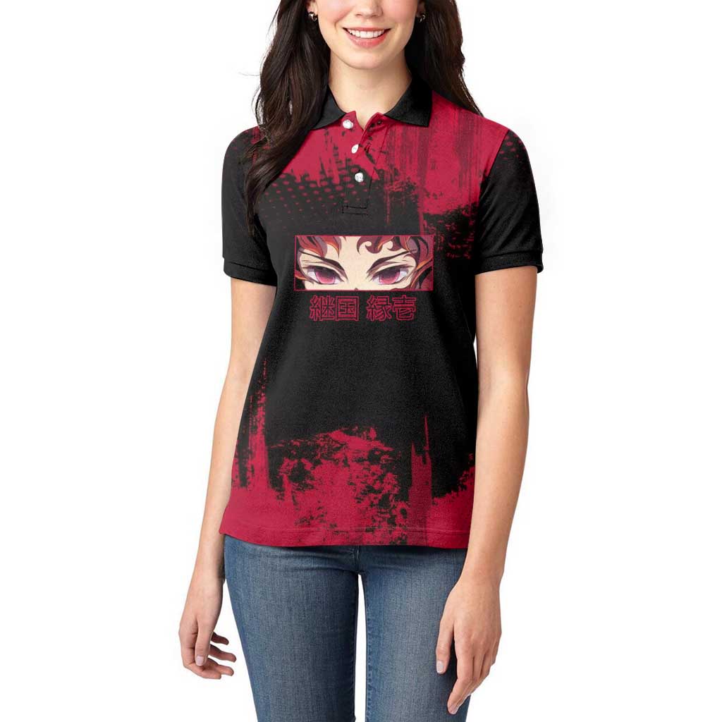 Yoriichi Tsugikuni Demon Slayer Red Grunge Design Women Polo Shirt with Intense Eyes and Sword Stance - The Mazicc