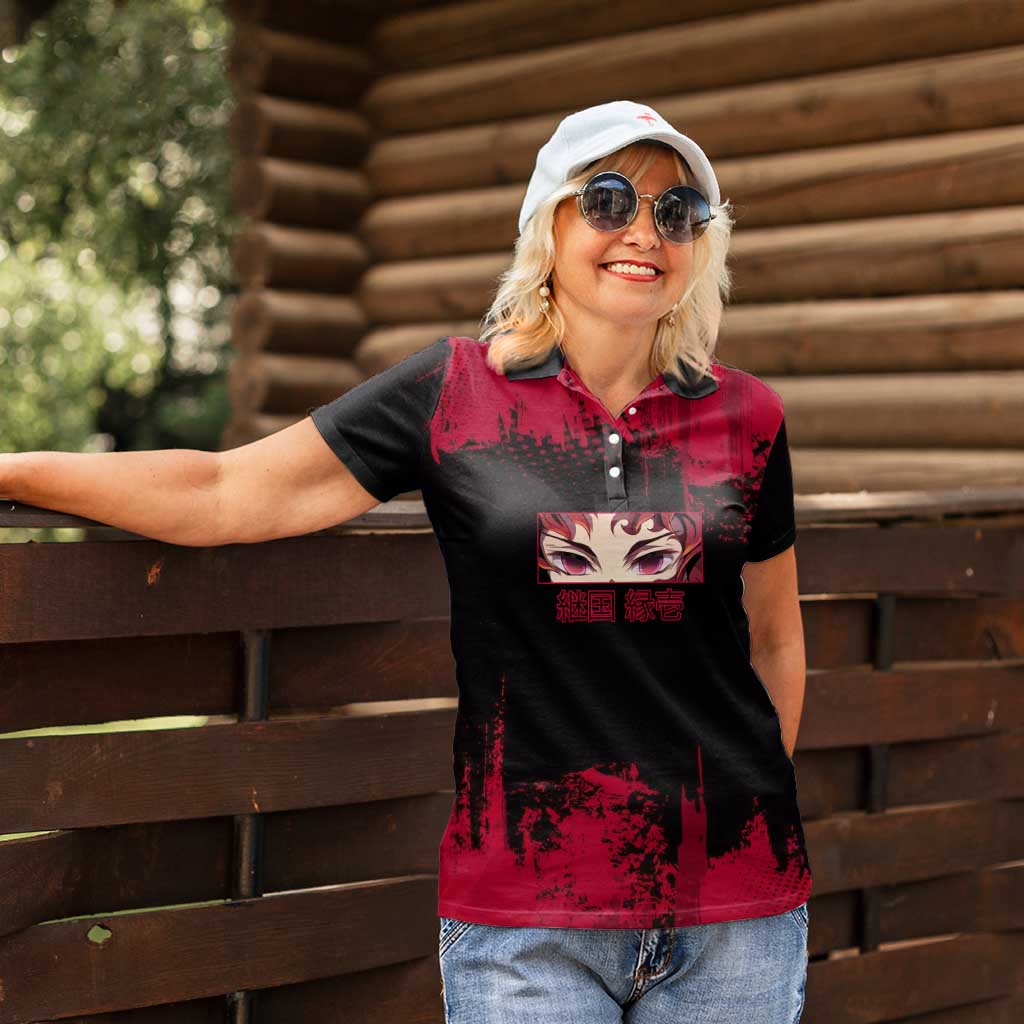 Yoriichi Tsugikuni Demon Slayer Red Grunge Design Women Polo Shirt with Intense Eyes and Sword Stance - The Mazicc