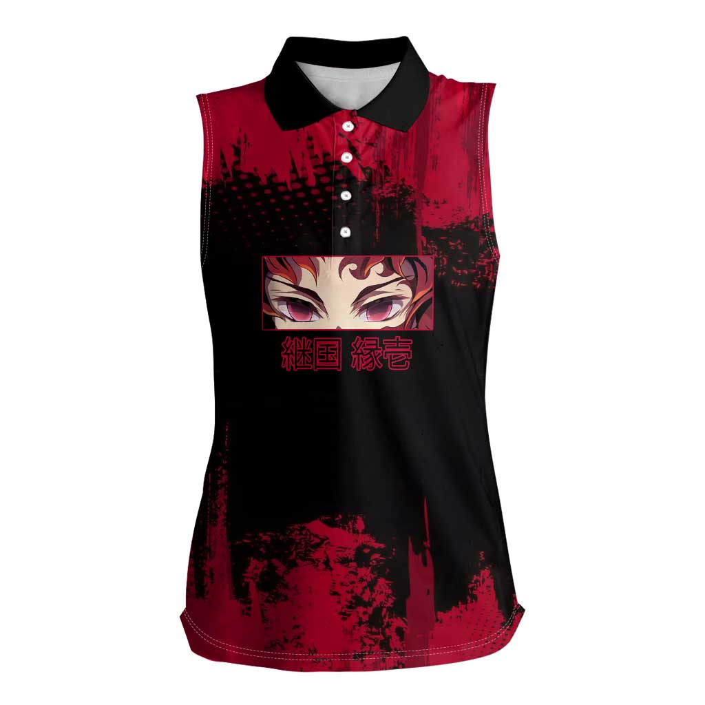 Yoriichi Tsugikuni Demon Slayer Red Grunge Design Women Sleeveless Polo Shirt with Intense Eyes and Sword Stance - The Mazicc