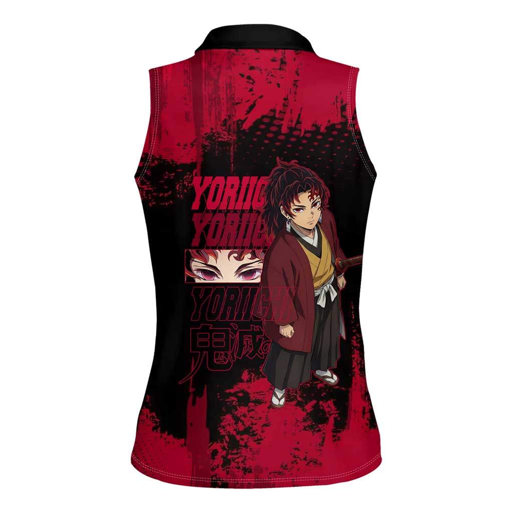 Yoriichi Tsugikuni Demon Slayer Red Grunge Design Women Sleeveless Polo Shirt with Intense Eyes and Sword Stance - The Mazicc