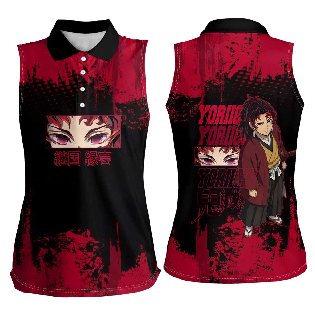 Yoriichi Tsugikuni Demon Slayer Red Grunge Design Women Sleeveless Polo Shirt with Intense Eyes and Sword Stance - The Mazicc
