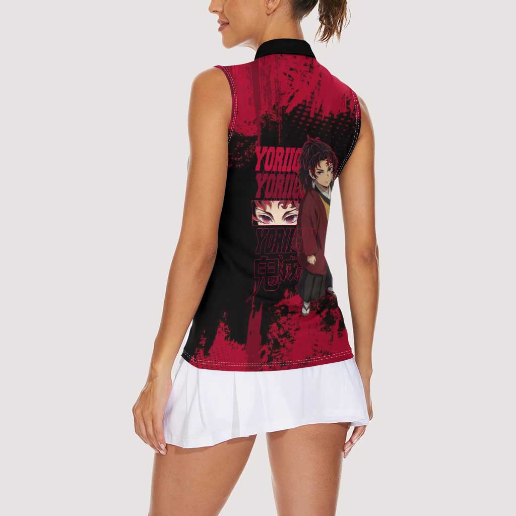 Yoriichi Tsugikuni Demon Slayer Red Grunge Design Women Sleeveless Polo Shirt with Intense Eyes and Sword Stance - The Mazicc