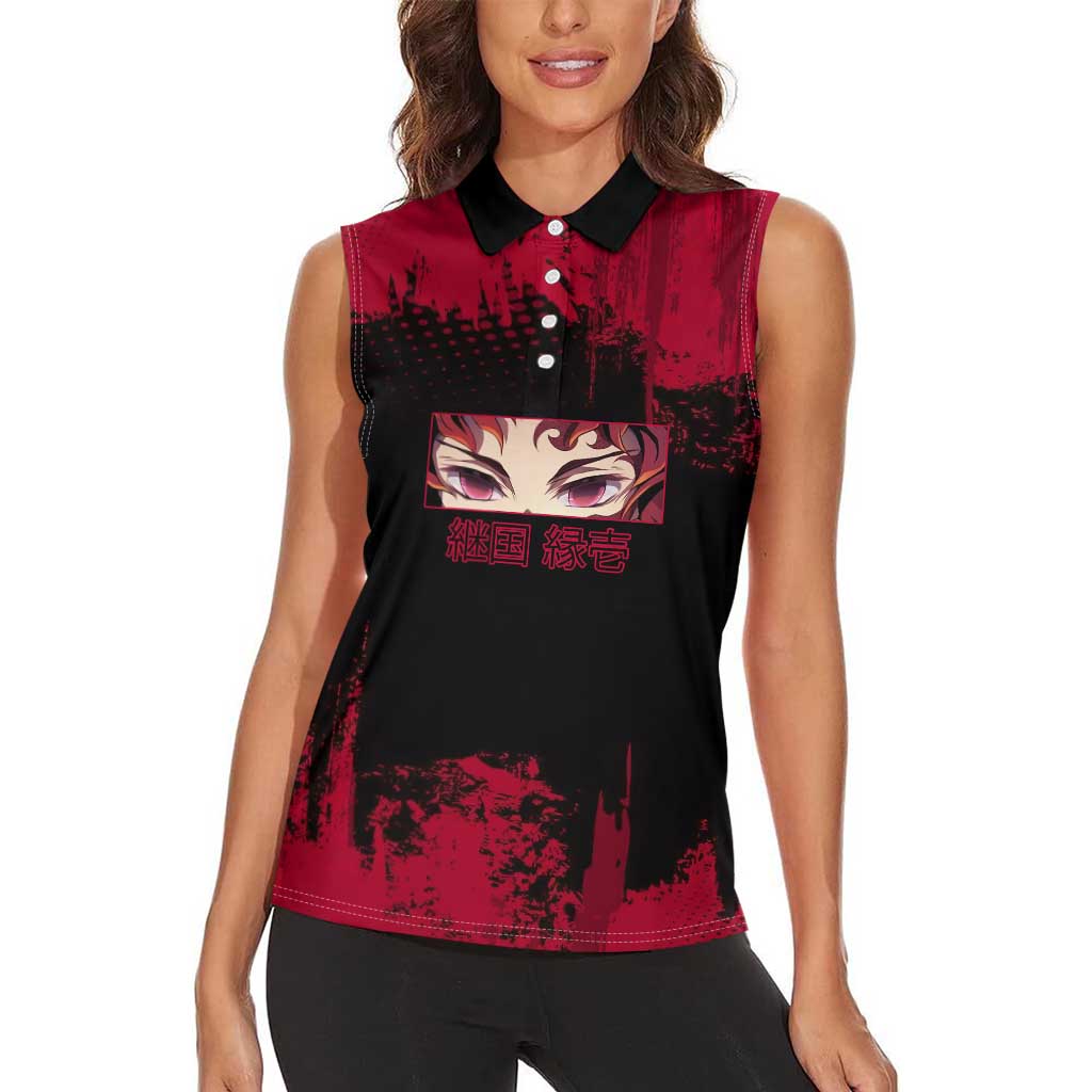 Yoriichi Tsugikuni Demon Slayer Red Grunge Design Women Sleeveless Polo Shirt with Intense Eyes and Sword Stance - The Mazicc