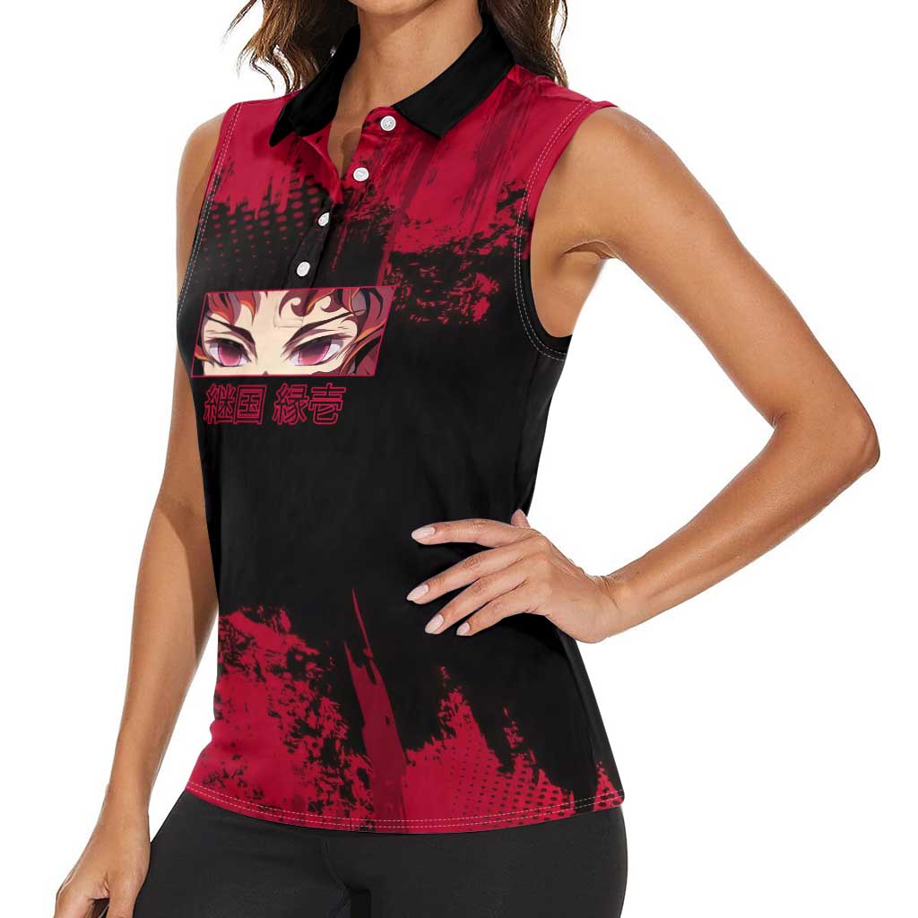 Yoriichi Tsugikuni Demon Slayer Red Grunge Design Women Sleeveless Polo Shirt with Intense Eyes and Sword Stance - The Mazicc