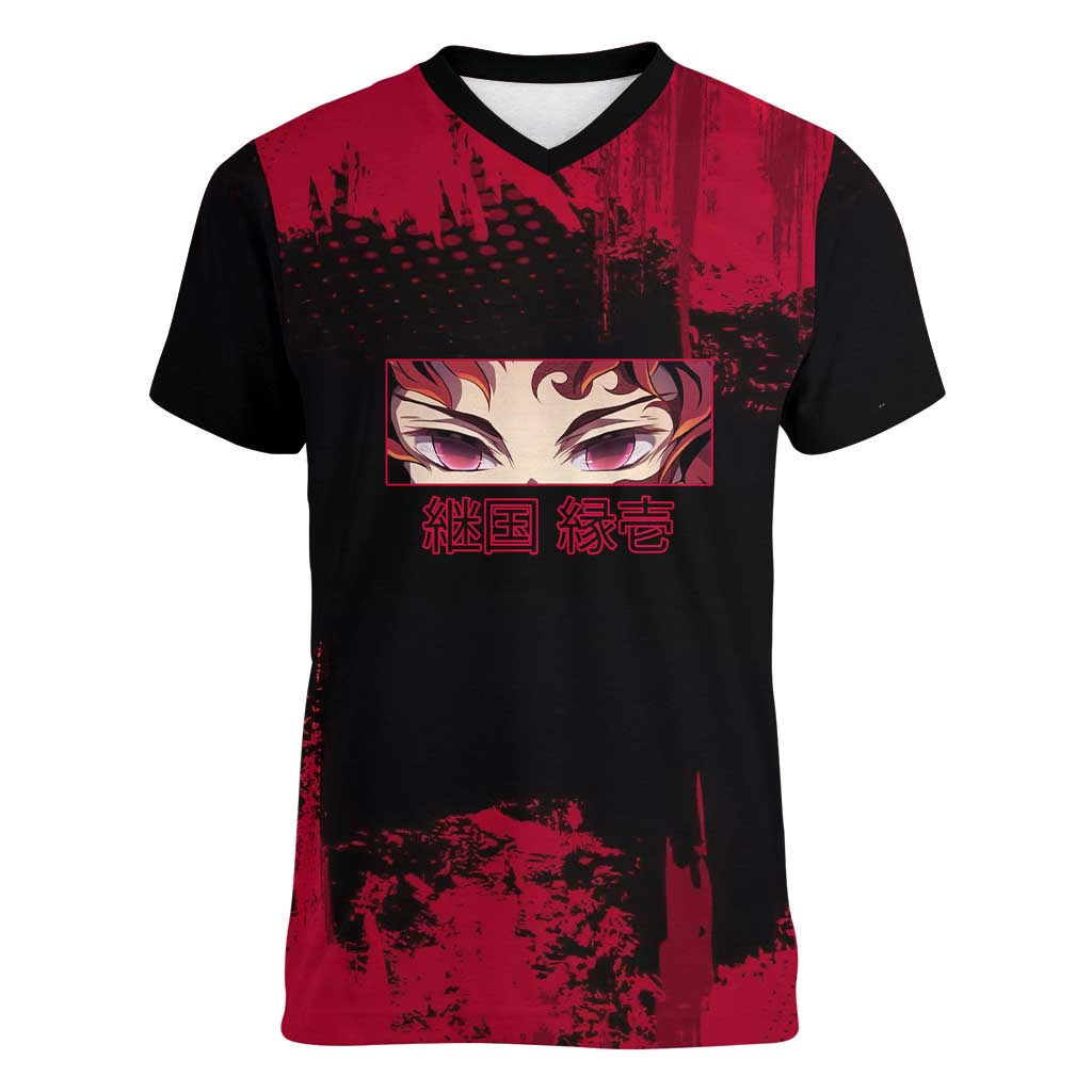 Yoriichi Tsugikuni Demon Slayer Red Grunge Design Women V-Neck T-Shirt with Intense Eyes and Sword Stance - The Mazicc