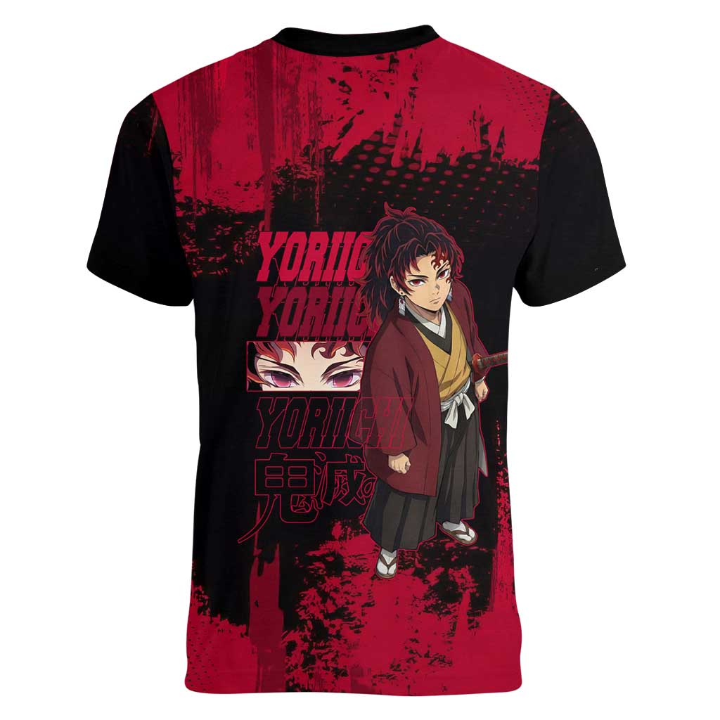 Yoriichi Tsugikuni Demon Slayer Red Grunge Design Women V-Neck T-Shirt with Intense Eyes and Sword Stance - The Mazicc