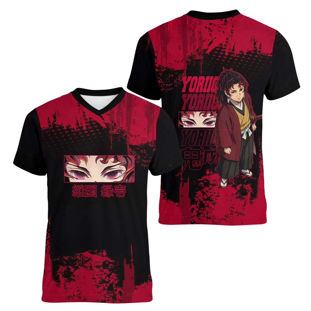 Yoriichi Tsugikuni Demon Slayer Red Grunge Design Women V-Neck T-Shirt with Intense Eyes and Sword Stance - The Mazicc