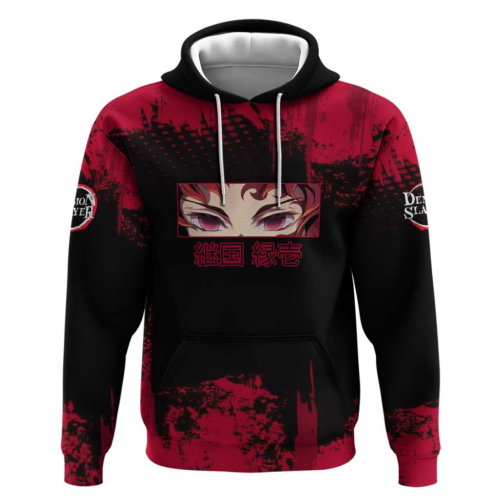 Yoriichi Tsugikuni Demon Slayer Red Grunge Design Zip Hoodie with Intense Eyes and Sword Stance - The Mazicc