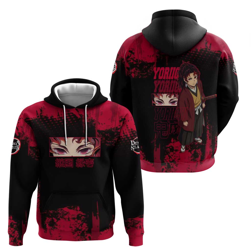 Yoriichi Tsugikuni Demon Slayer Red Grunge Design Zip Hoodie with Intense Eyes and Sword Stance - The Mazicc