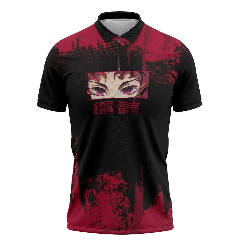 Yoriichi Tsugikuni Demon Slayer Red Grunge Design Zipper Polo Shirt with Intense Eyes and Sword Stance - The Mazicc