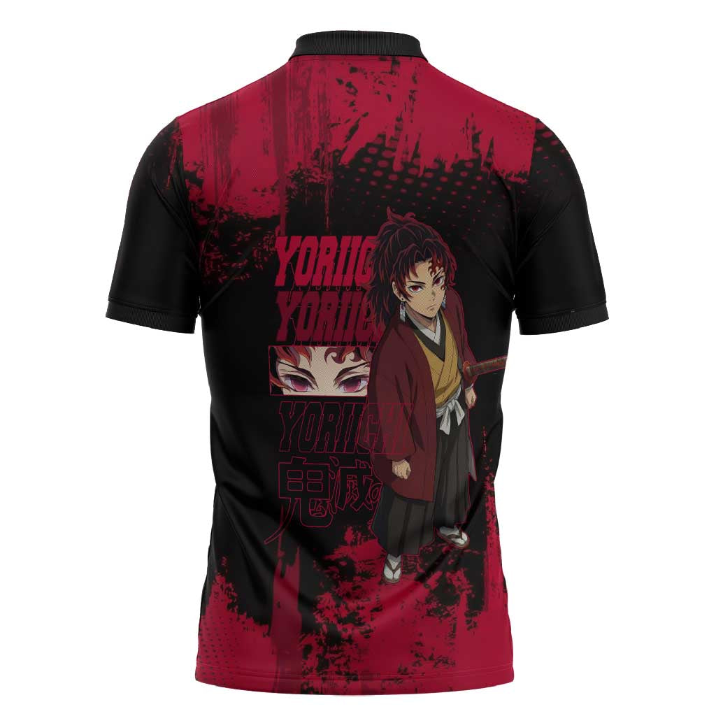 Yoriichi Tsugikuni Demon Slayer Red Grunge Design Zipper Polo Shirt with Intense Eyes and Sword Stance - The Mazicc