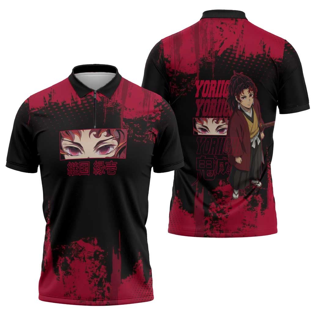 Yoriichi Tsugikuni Demon Slayer Red Grunge Design Zipper Polo Shirt with Intense Eyes and Sword Stance - The Mazicc