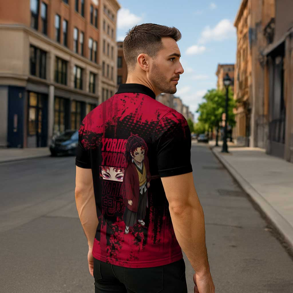 Yoriichi Tsugikuni Demon Slayer Red Grunge Design Zipper Polo Shirt with Intense Eyes and Sword Stance - The Mazicc