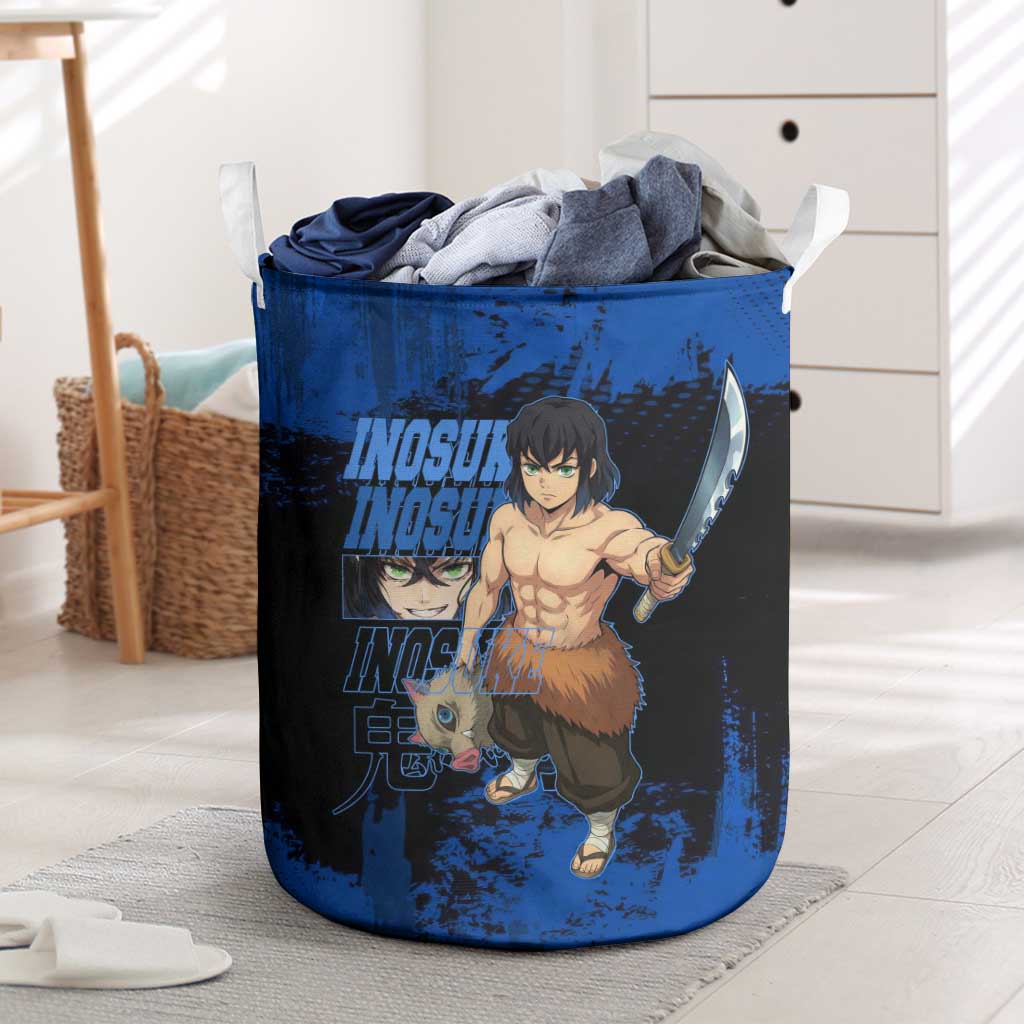 Inosuke Hashibira Demon Slayer Blue Grunge Design Laundry Basket with Boar Mask and Dual Sword Pose - The Mazicc