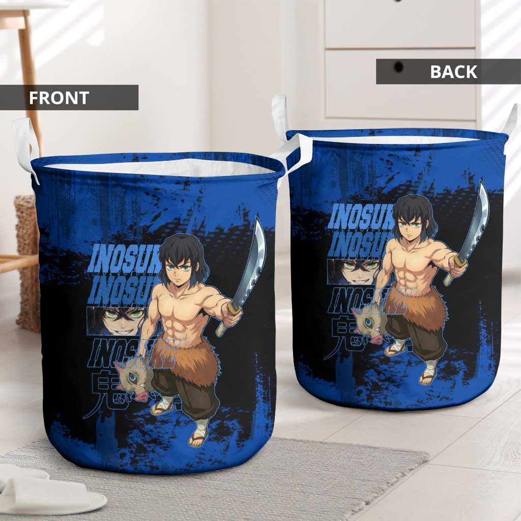 Inosuke Hashibira Demon Slayer Blue Grunge Design Laundry Basket with Boar Mask and Dual Sword Pose - The Mazicc