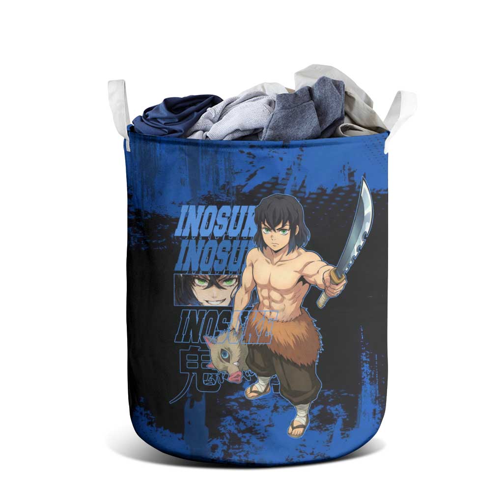 Inosuke Hashibira Demon Slayer Blue Grunge Design Laundry Basket with Boar Mask and Dual Sword Pose - The Mazicc