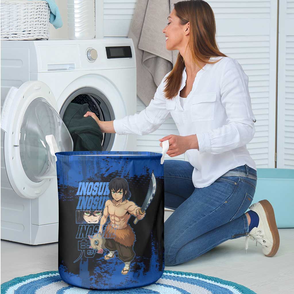 Inosuke Hashibira Demon Slayer Blue Grunge Design Laundry Basket with Boar Mask and Dual Sword Pose - The Mazicc