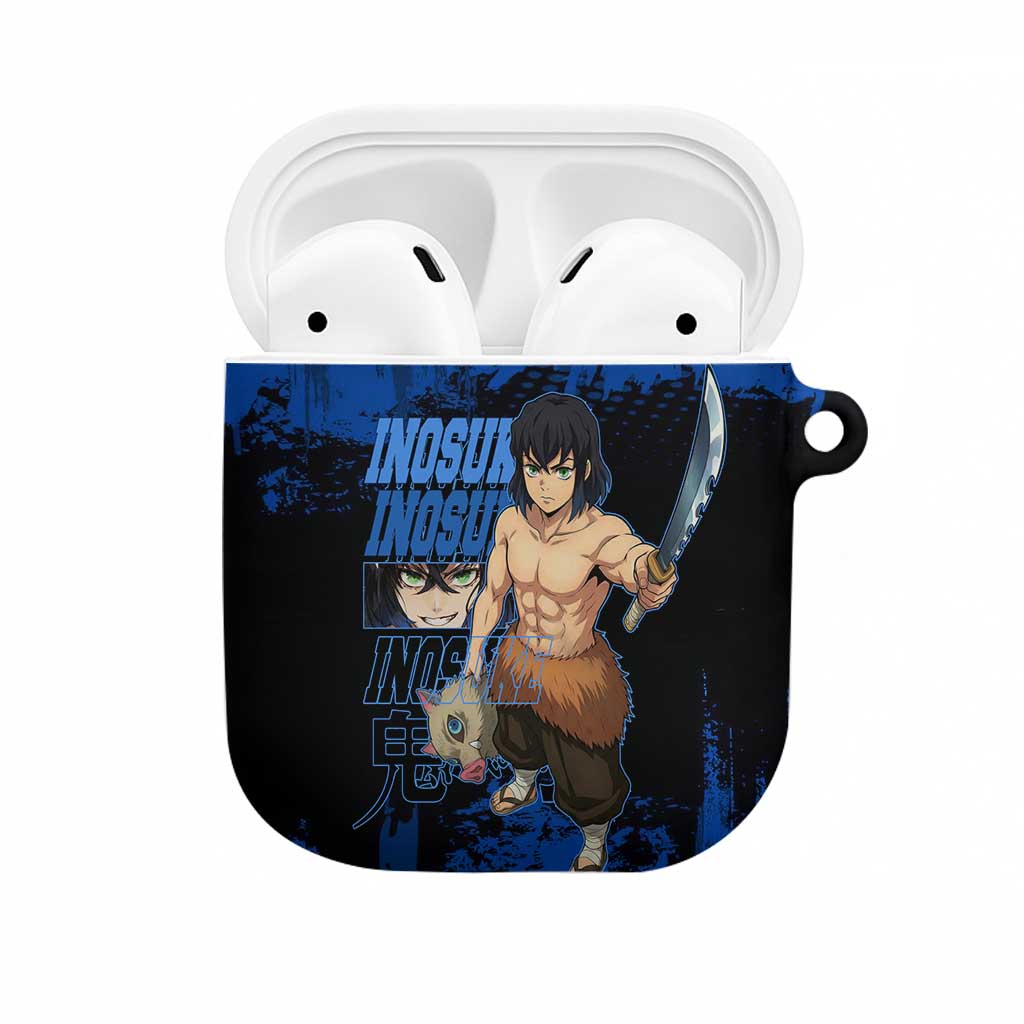 Inosuke Hashibira Demon Slayer Blue Grunge Design AirPods Case with Boar Mask and Dual Sword Pose - The Mazicc