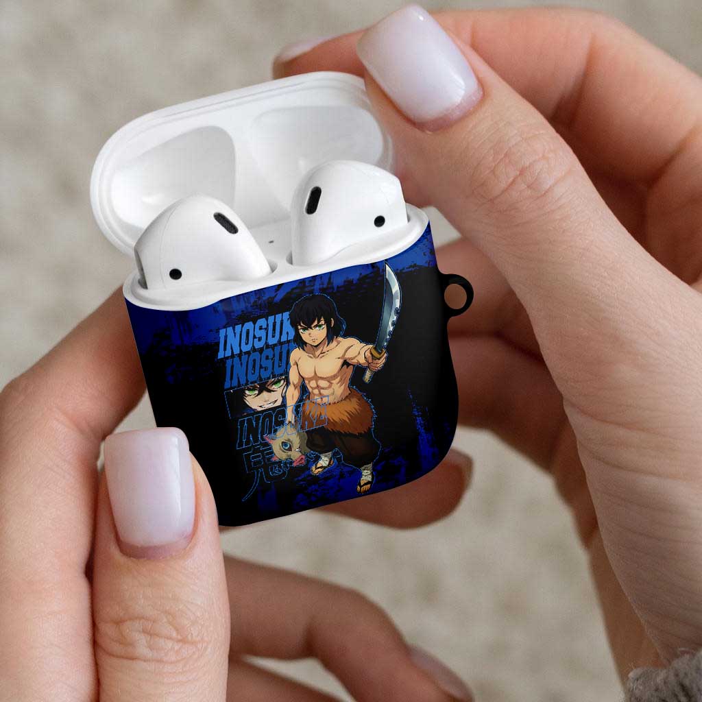 Inosuke Hashibira Demon Slayer Blue Grunge Design AirPods Case with Boar Mask and Dual Sword Pose - The Mazicc