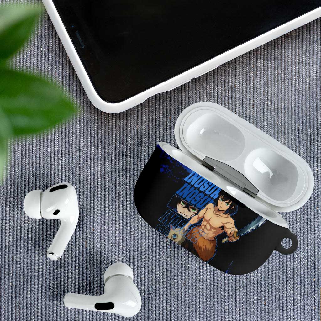 Inosuke Hashibira Demon Slayer Blue Grunge Design AirPods Case with Boar Mask and Dual Sword Pose - The Mazicc