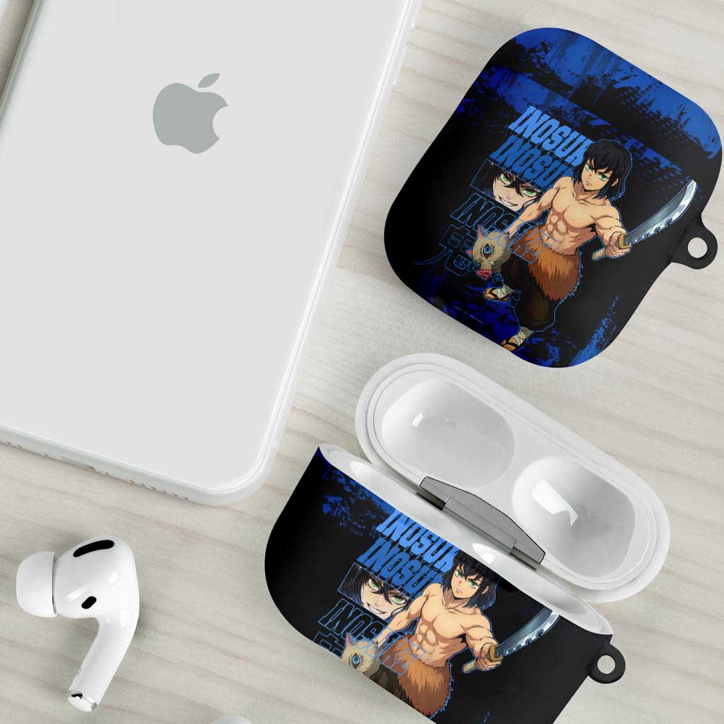 Inosuke Hashibira Demon Slayer Blue Grunge Design AirPods Case with Boar Mask and Dual Sword Pose - The Mazicc