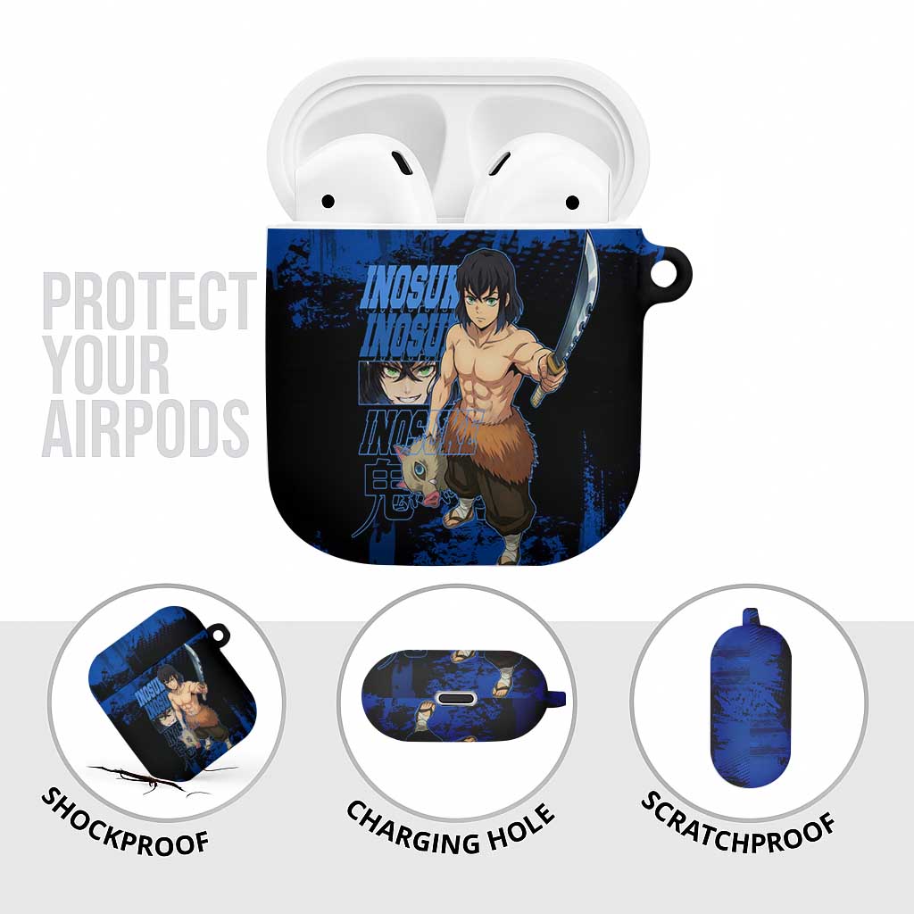 Inosuke Hashibira Demon Slayer Blue Grunge Design AirPods Case with Boar Mask and Dual Sword Pose - The Mazicc