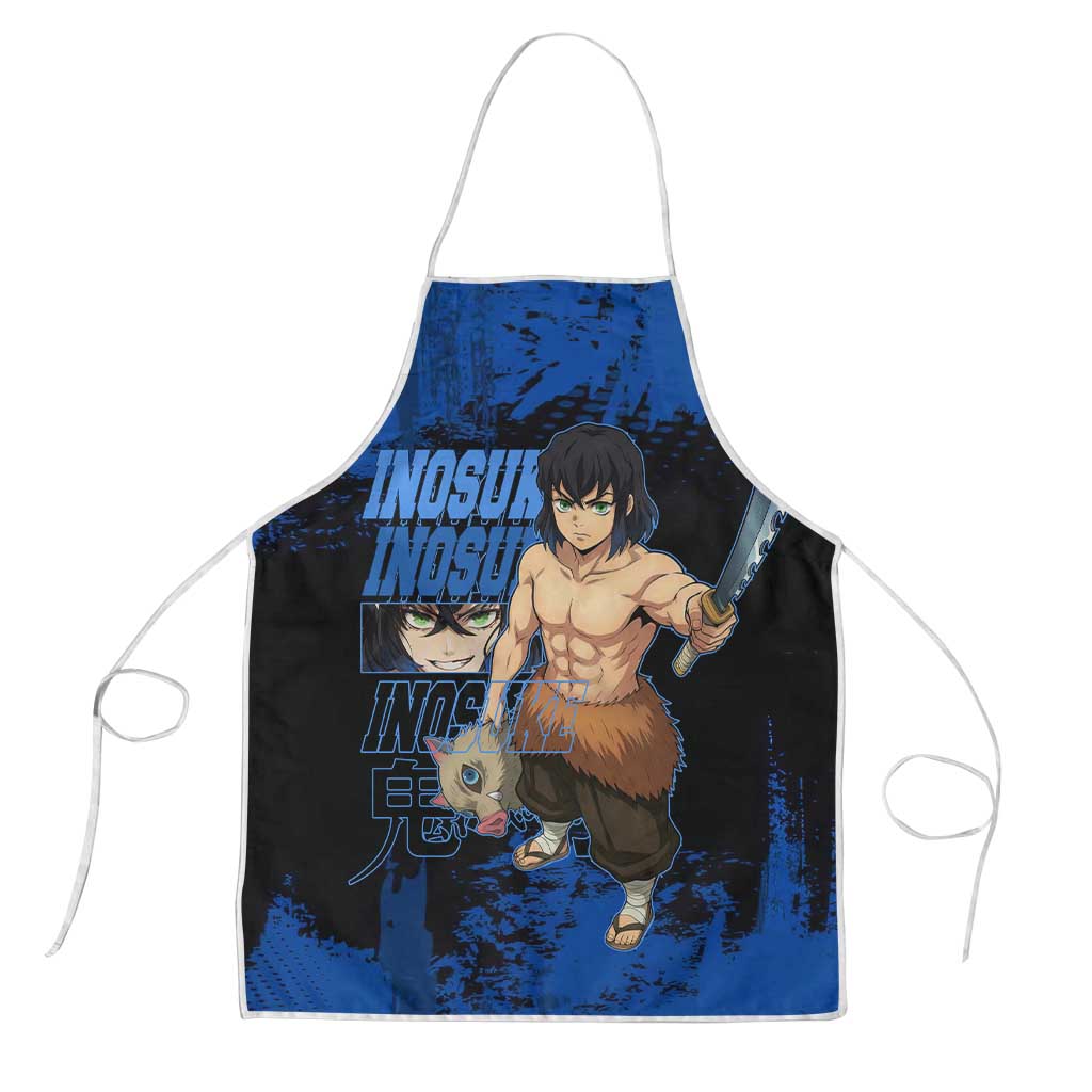 Inosuke Hashibira Demon Slayer Blue Grunge Design Apron with Boar Mask and Dual Sword Pose - The Mazicc